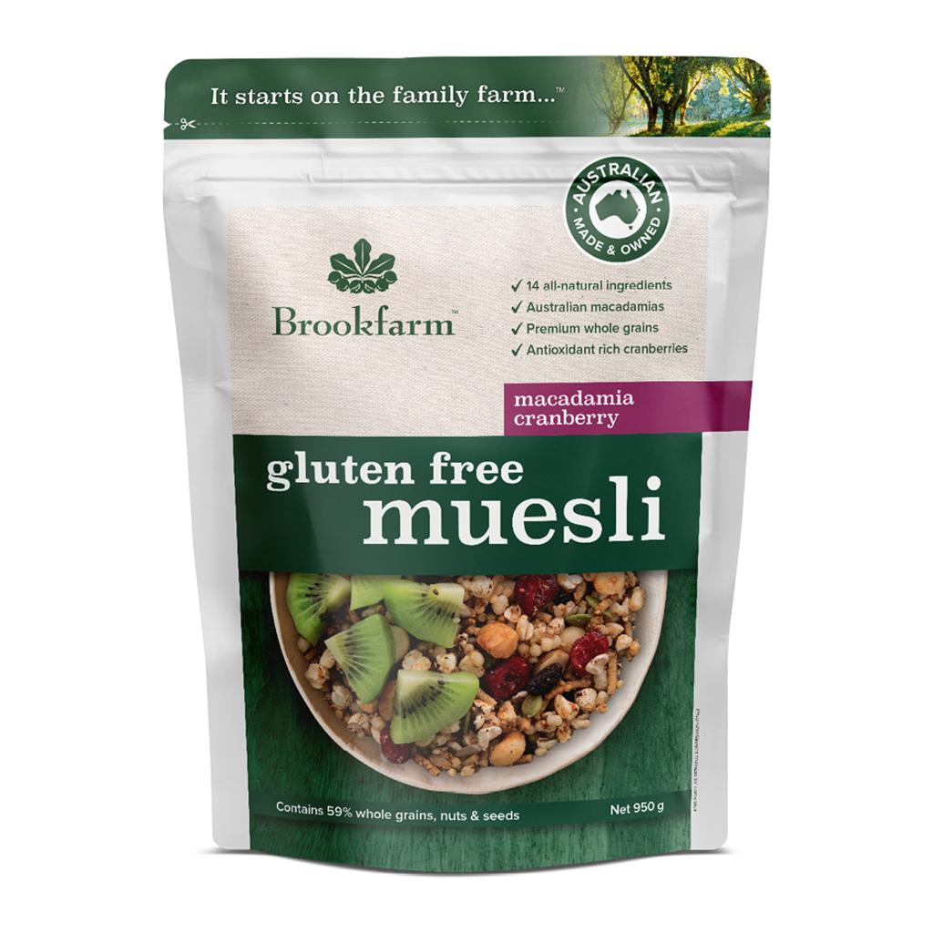 BROOKFARM GF MACADAMIA MUESLI CRANBERRY 950G