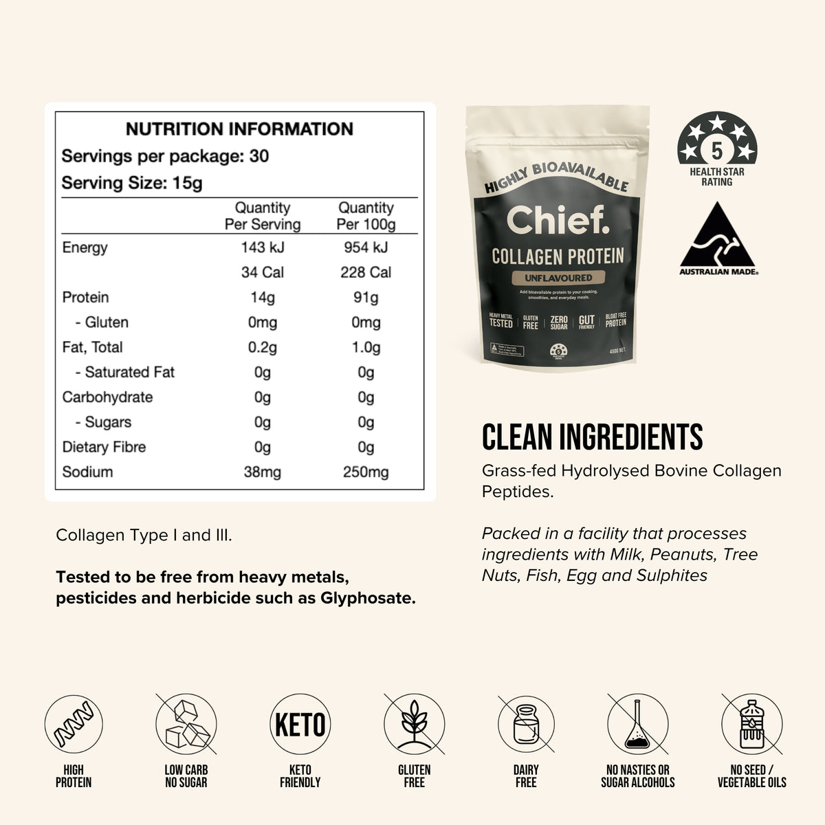 CHIEF COLLAGEN PROTEIN UNFLAVOURED 450G