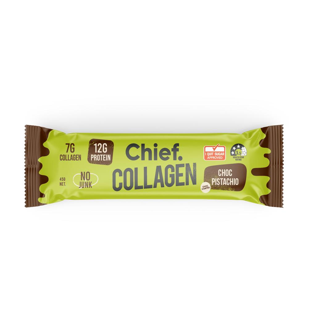 CHIEF GRASS FED COLLAGEN BAR CHOC PISTACHIO 45G