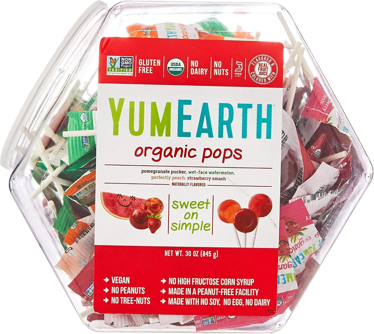 YUM EARTH ORGANIC LOLLIPOPS COUNTER TUB ASSORTED 854G/125PLUS LOLLIPOPS